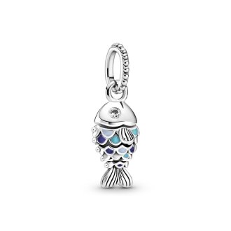 Fish sterling silver dangle with clear cubic zirconia, true navy, capri blue and pastel blue enamel