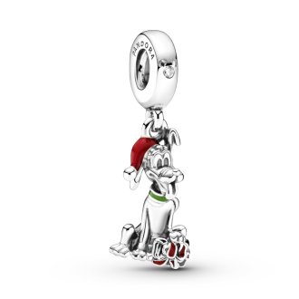 Disney Pluto and present sterling silver dangle with clear cubic zirconia, red and green enamel
