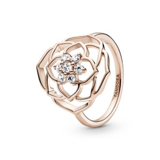 Rose flower 14k rose gold-plated ring with clear cubic zirconia