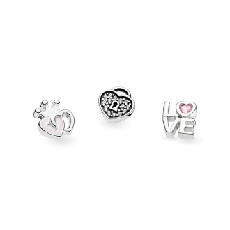 Petite elements pack in silver with heart padlock with clear CZ, love script with pink CZ and crowned hearts with pink enamel