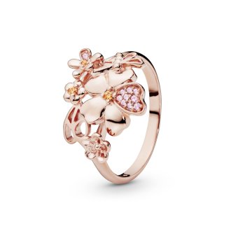 Floral PANDORA Rose ring with rose pink crystal, pink cubic zirconia and honey cubic zirconia