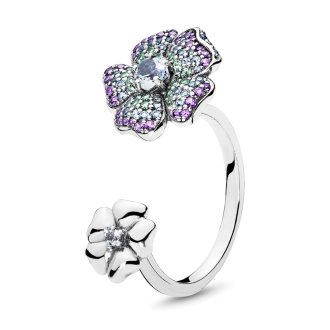 Floral silver ring with royal purple crystal, aqua blue crystal and vivid green crystal