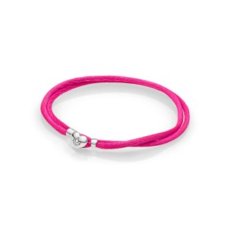 Silver double fabric cord bracelet, pink