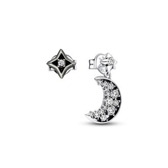 Moon and star sterling silver and ruthenium-plated stud earrings with clear cubic zirconia